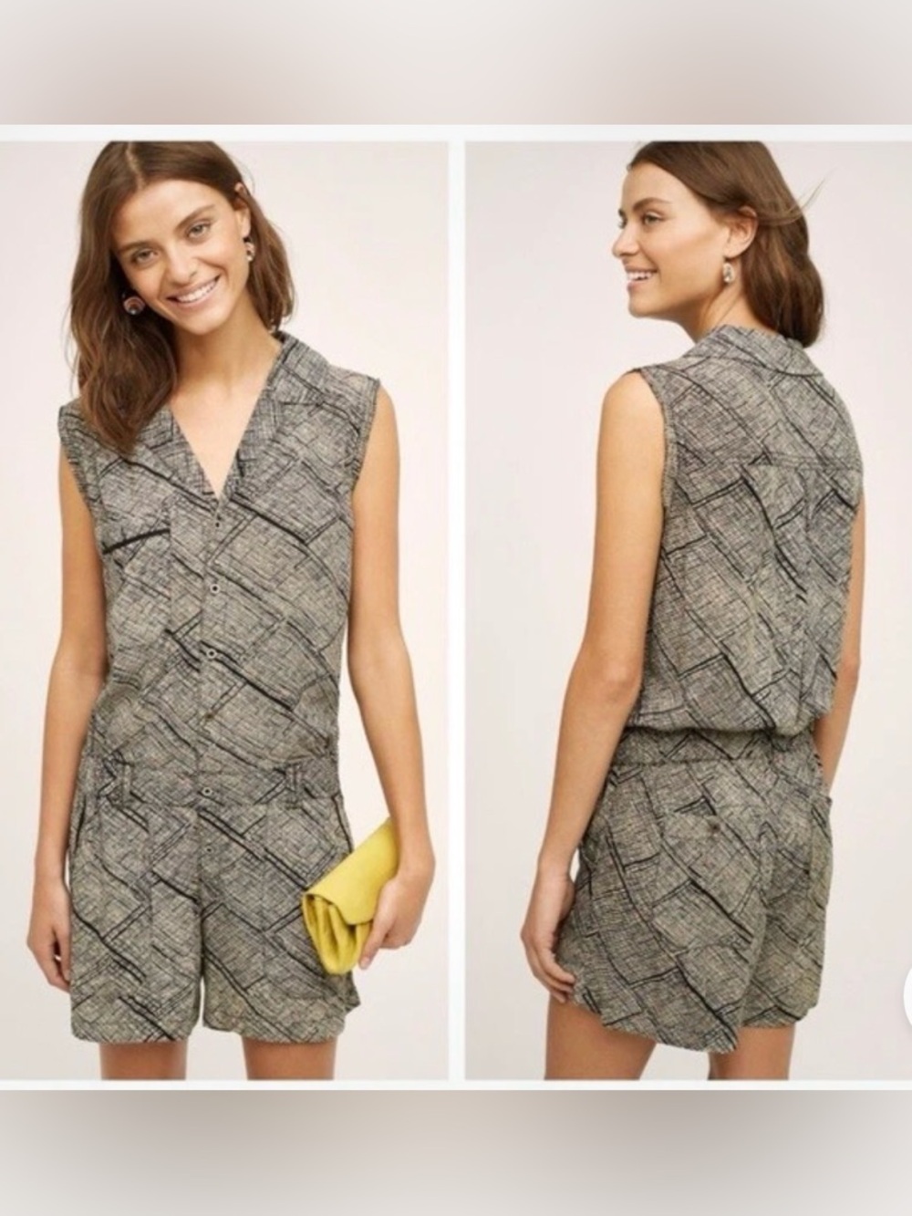 Hei Hei Anthropologie Romper Women’s Size M Beige Geometric Sleeveless